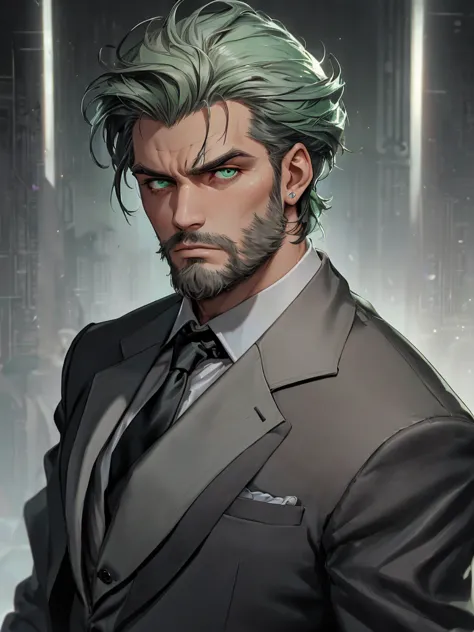 (An attractive man with perfect body with grey hair and green eyes with a serious and mysterious look)), ((one man)), (((Wearing...