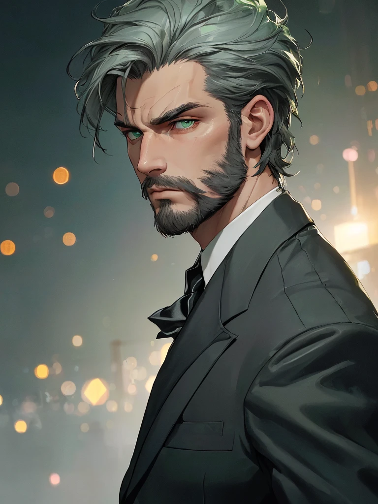 (An attractive man with perfect body with grey hair and green eyes with a serious and mysterious look)), ((one man)), (((Wearing mafia costumes))), ((formal clothes)) ((Mafia boss)), ((1920 costumes)), ((absurdres)), (masterpiece 1.3), (incredibly detailed), (highres:1.1), (high detailed skin:1.4), (high quality lighting), (skin texture), (UHD), (K), (studio lighting), (photorealistic), (hyper realistic), (symmetric face), (unreal engine), (bokeh), (high resolution scan), (professional photograph), ((stunning handsome man)), ((short beard)), ((stoic)), ((stern looking)) , ((symmetrical eyes)), (strong jawline), (green eyes), (grey hair), (short hair), (1man), (solo), (dark atmosphere), (Dynamic poses), (masterpiece,best quality) ,
