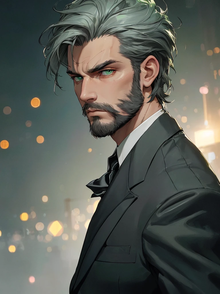 (An attractive man with perfect body with grey hair and green eyes with a serious and mysterious look)), ((one man)), (((Wearing mafia costumes))), ((formal clothes)) ((Mafia boss)), ((1920 costumes)), ((absurdres)), (masterpiece 1.3), (incredibly detailed), (highres:1.1), (high detailed skin:1.4), (high quality lighting), (skin texture), (UHD), (64K), (studio lighting), (photorealistic), (hyper realistic), (symmetric face), (unreal engine), (bokeh), (high resolution scan), (professional photograph), ((stunning handsome man)), ((short beard)), ((stoic)), ((stern looking)) , ((symmetrical eyes)), (strong jawline), (green eyes), (grey hair), (short hair), (1man), (solo), (dark atmosphere), (Dynamic poses), (masterpiece,best quality) ,
