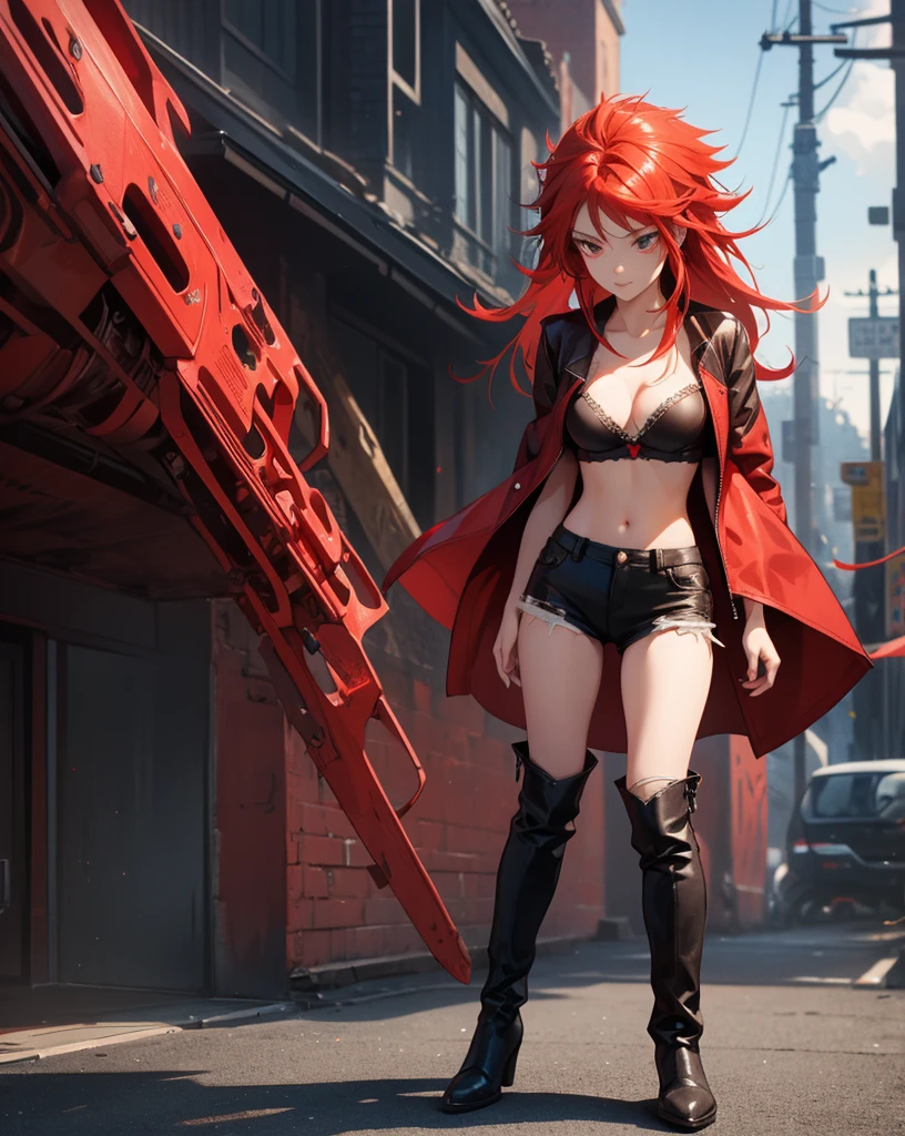 Sexy young girl with a good body, bright red hair, long hair, with bright red eyes, bright Eyes, with black leather jacket with white bra, ripped blue jeans, short brown boots with white, standing, spiky hair, bristly hair, standing, pose standing