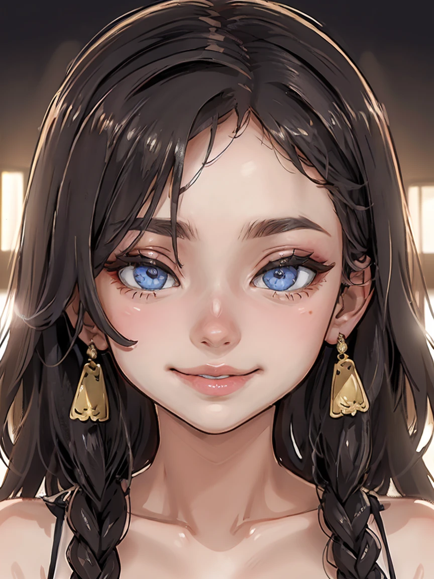 (highest resolution、separate_video) best quality、((light))、very detailed、semi-realistic、((assembly)),braided hairstyle、smile、forehead、섬세한 facial features、facial features、View below、((detailed eyes)) , portrait , nsfw , huge breasts , nsfw , white skin