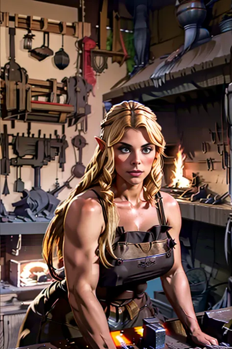 A dark blonde elven woman blacksmith working at her forge, larger, stronger, more defined elven features
