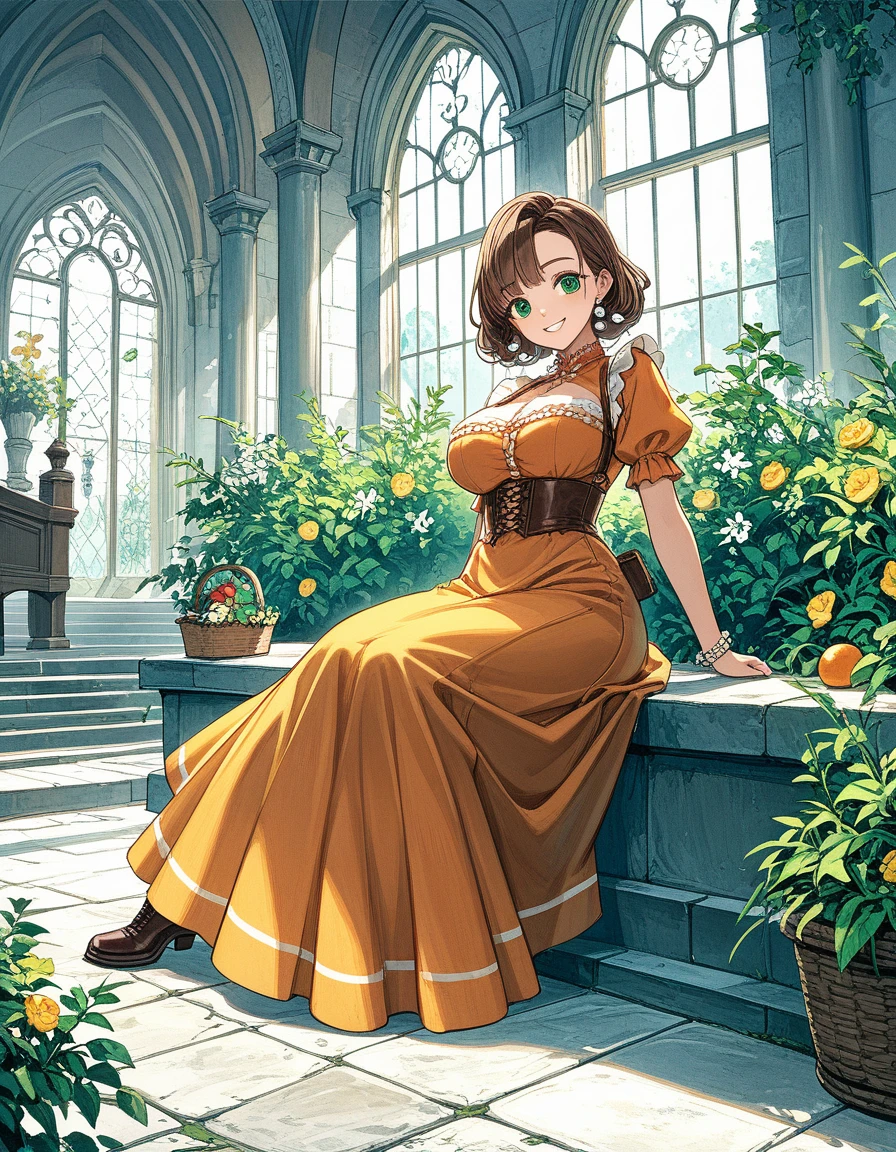 rustic, voluptuous, 40-year-old villager, short curly brown hair, thick eyebrows, green eyes, big breasts, big ass, pearl earrings, short-sleeved orange dress, leather boots, smiling, with a basket of fruit on her lap, sitting on a bench, inside a chapel, ecchi fantasy anime, Fujisawa Toru style, cinematic, dramatic, masterpiece, dynamic view, full body,