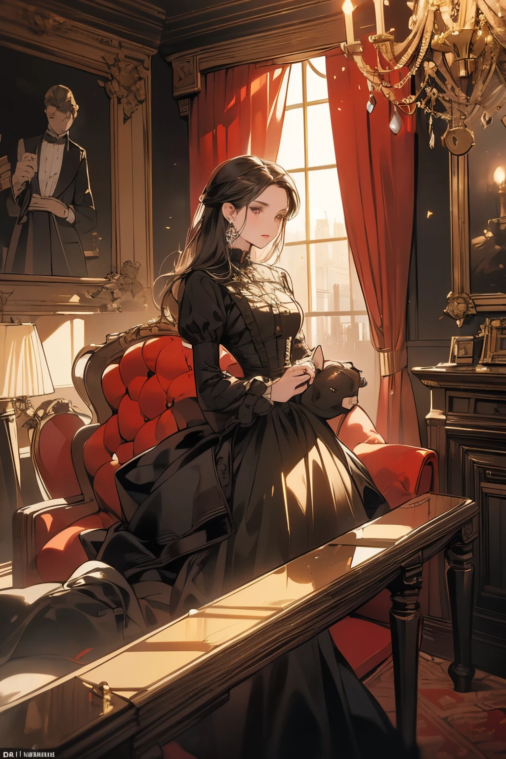 ((Masterpiece:1.2, best quality)), very detailed, Extremely accurate visualization, The picture is described in great detail., Luxurious Victorian mansion Antique English furniture, fantasy, windows, curtains, red and black tones, no people.