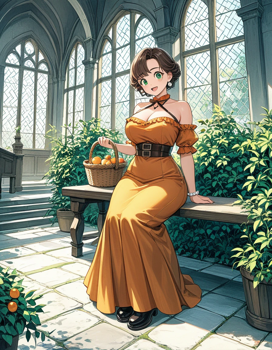 rustic, voluptuous, 40-year-old villager, short curly brown hair, thick eyebrows, green eyes, big breasts, big ass, pearl earrings, short-sleeved orange dress, leather boots, surprised face, with a basket of fruit on her hands, sitting on a bench, inside a chapel, ecchi fantasy anime, Fujisawa Toru style, cinematic, dramatic, masterpiece, POV, dynamic view, full body,