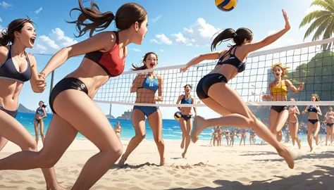 Beach Volleyball, multi girls, Volleyball, jumping, running, extremly detailed, beach