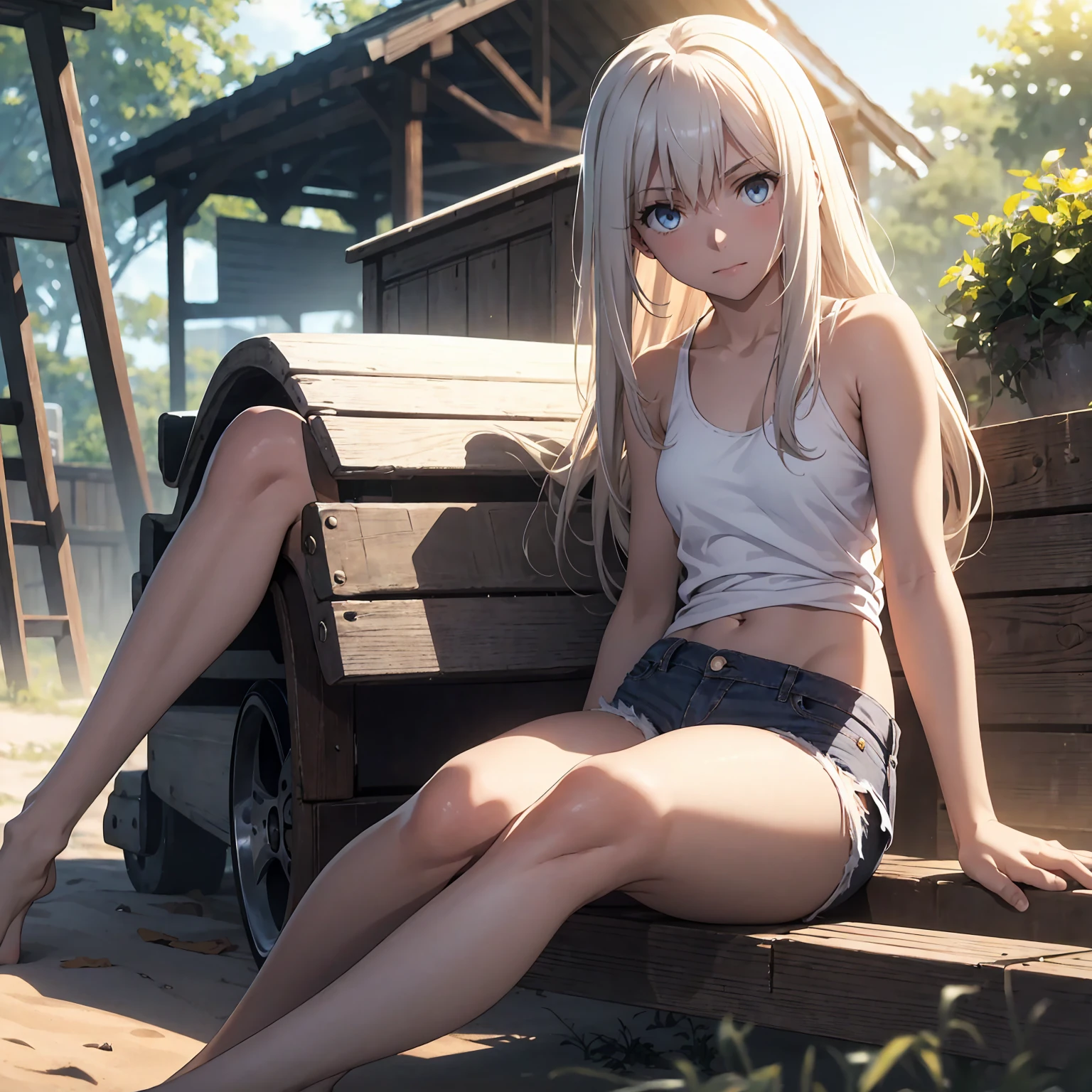 Browsing Caution　(Highest quality:1.5, High resolution, 超High resolution, 4K, Detailed lighting, Shaders)(masterpiece:1.2), Very detailed, Illyasviel von Einzbern　{{Red colored eyes}}++　alone, Cowboy Shot,Long Hair, Gray Hair, Red eyes, White tank top　Denim shorts　M-shaped foot　sneer　Beautiful beaches　Realistic sun rays　topless　Completely naked　Please roll up your shirt　Sweat　Outdoor