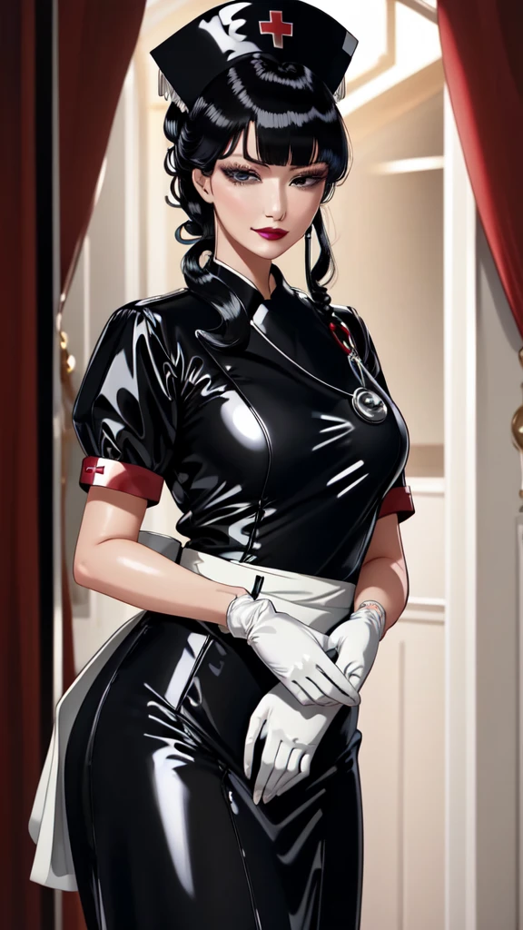 (masterpiece, best quality), SShutaraV4, 1girl, solo, slight smile, long hair, bangs, blunt bangs, sidelocks, (black eyes), (black hair:1.4), makeup, lipstick, red lipstick, mature, mature female, nurse uniform, rubber gloves, 