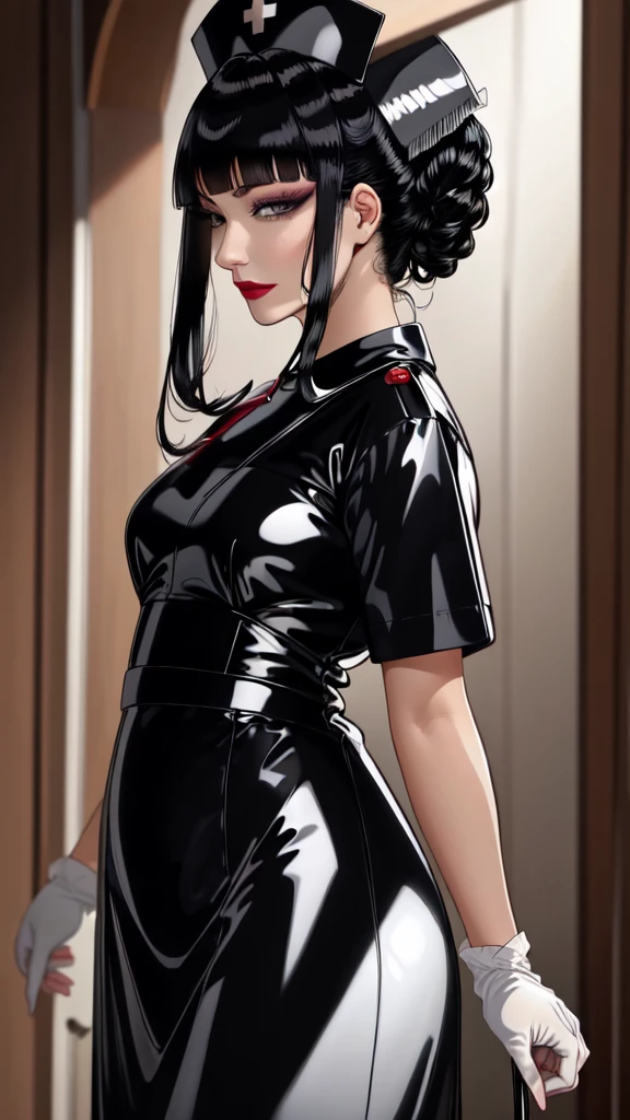 (masterpiece, best quality), SShutaraV4, 1girl, solo, slight smile, long hair, bangs, blunt bangs, sidelocks, (black eyes), (black hair:1.4), makeup, lipstick, red lipstick, mature, mature female, nurse uniform, rubber gloves, 