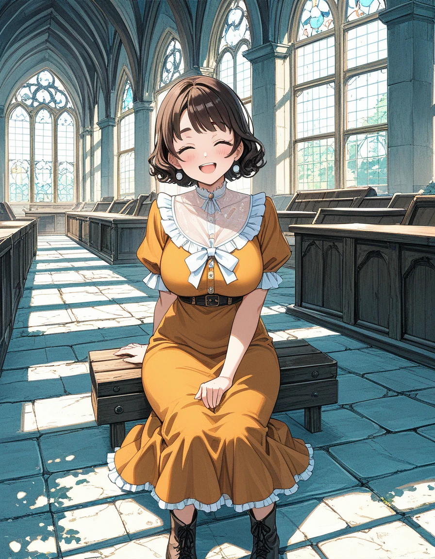 rustic, voluptuous, 40-year-old villager, short curly brown hair, thick eyebrows, closed eyes, big breasts, big ass, pearl earrings, short-sleeved orange dress, leather boots, blush cheeks, happy, her hands on chest, sitting on a bench, inside a chapel, ecchi fantasy anime, Fujisawa Toru style, cinematic, dramatic, masterpiece, POV, dynamic view, full body,