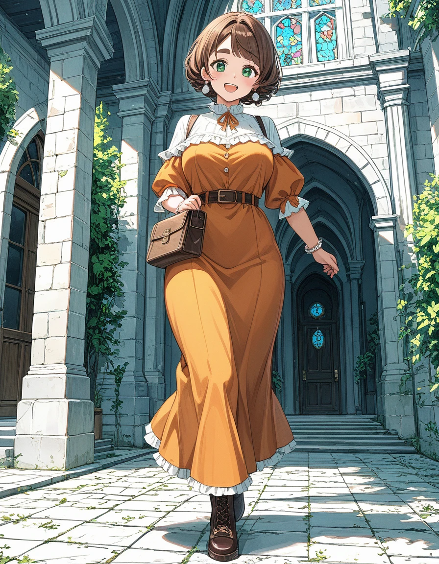 rustic, voluptuous, 40-year-old villager, short curly brown hair, thick eyebrows, green eyes, big breasts, big ass, pearl earrings, short-sleeved orange dress, leather boots, blush cheeks, happy, walking, inside a chapel, ecchi fantasy anime, Fujisawa Toru style, cinematic, dramatic, masterpiece, POV, dynamic back view, full body,