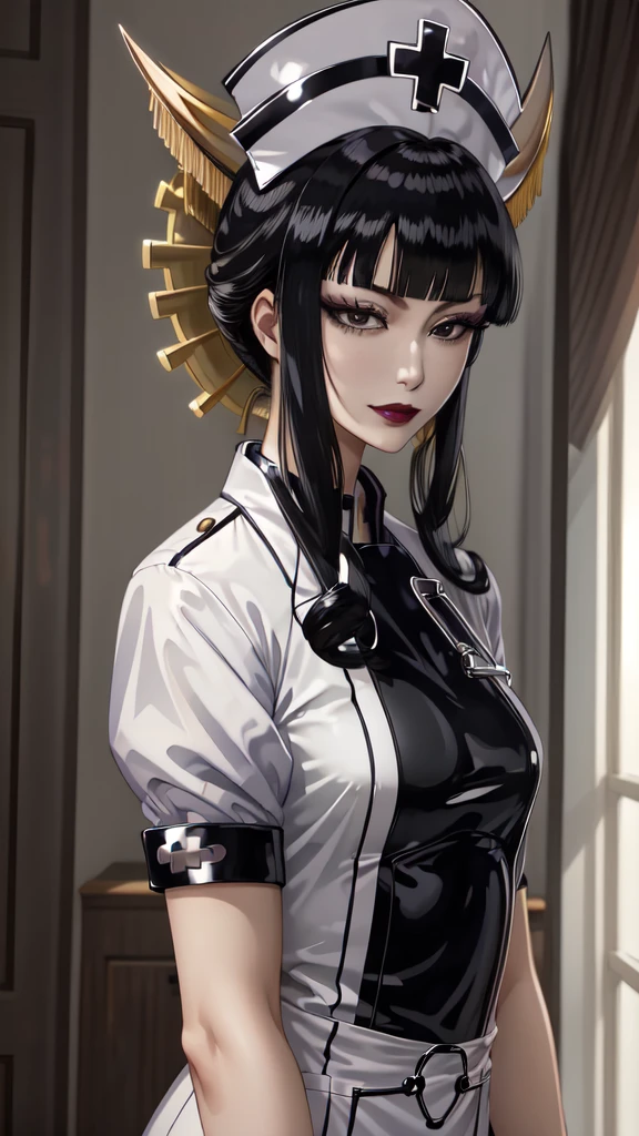 (masterpiece, best quality), SShutaraV4, source_anime, senjumaru shutara, 1girl, solo, slight smile, long hair, bangs, blunt bangs, sidelocks, (black eyes), (black hair:1.4), makeup, lipstick, red lipstick, mature, mature female, nurse uniform, rubber gloves, 