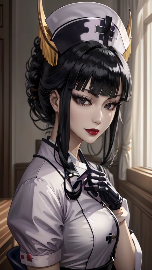 (masterpiece, best quality), SShutaraV4, source_anime, senjumaru shutara, 1girl, solo, slight smile, long hair, bangs, blunt bangs, sidelocks, (black eyes), (black hair:1.4), makeup, lipstick, red lipstick, mature, mature female, nurse uniform, rubber gloves, 