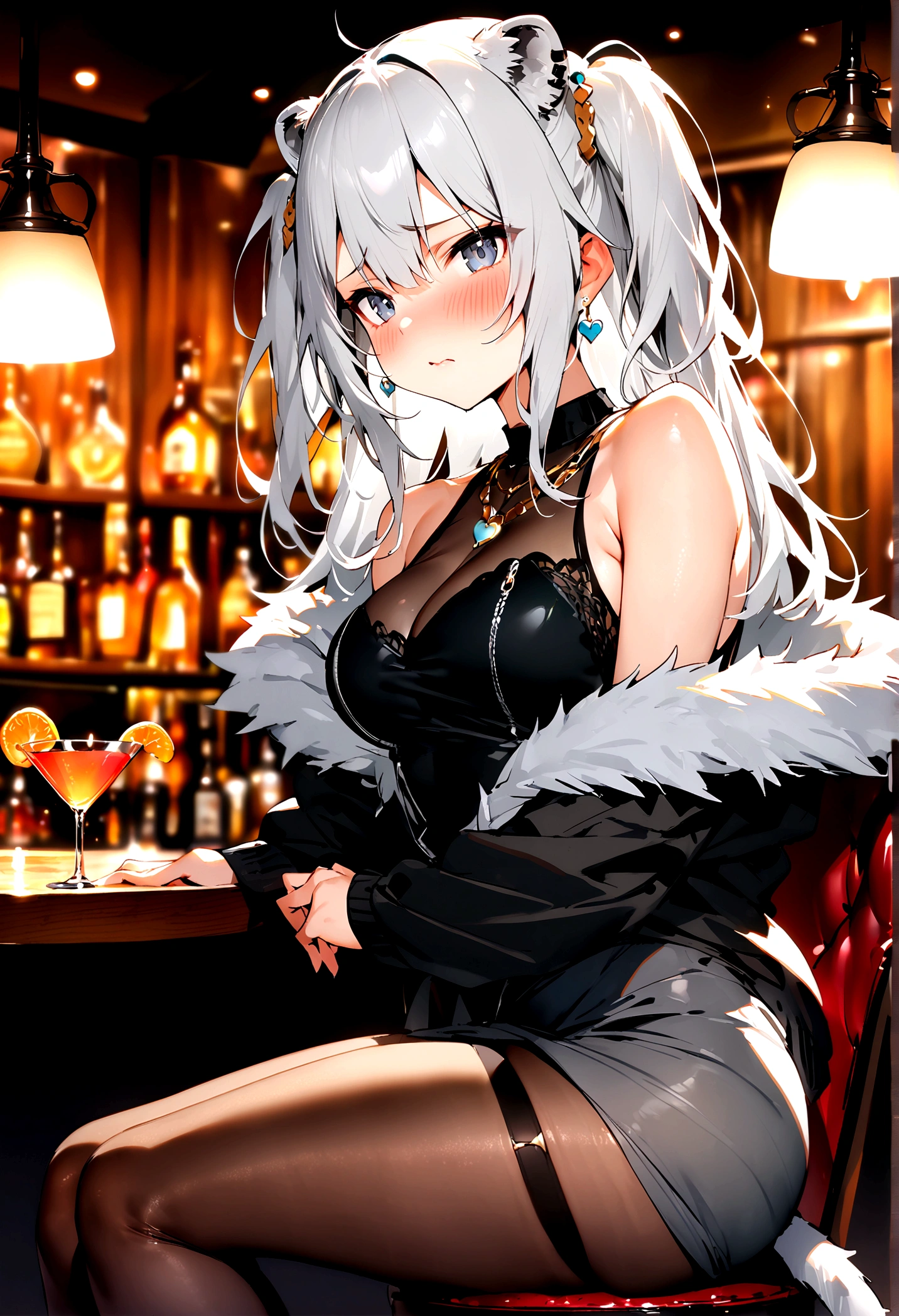 NSFW,masterpiece,Highest quality,High resolution,Super detailed,Shishirabotan\(Hololive\),Long Hair、Two Side Up、Earrings、Lion&#39;s Tail,necklace、Black Shirt、Sleeveless shirt、abdomen、See-through、Grey Skirt、片足pantyhose、pantyhose、fur-trimmed jacket、Black jacket、Off the shoulder,Black sexy panties,Embarrassed,blush,Luxurious Room,pub,counter,chair,Cocktail Glass,(Drunk),(Intoxication),Sitting in a chair,heart,Sexy pose,Panty shot,Nampa,From the side