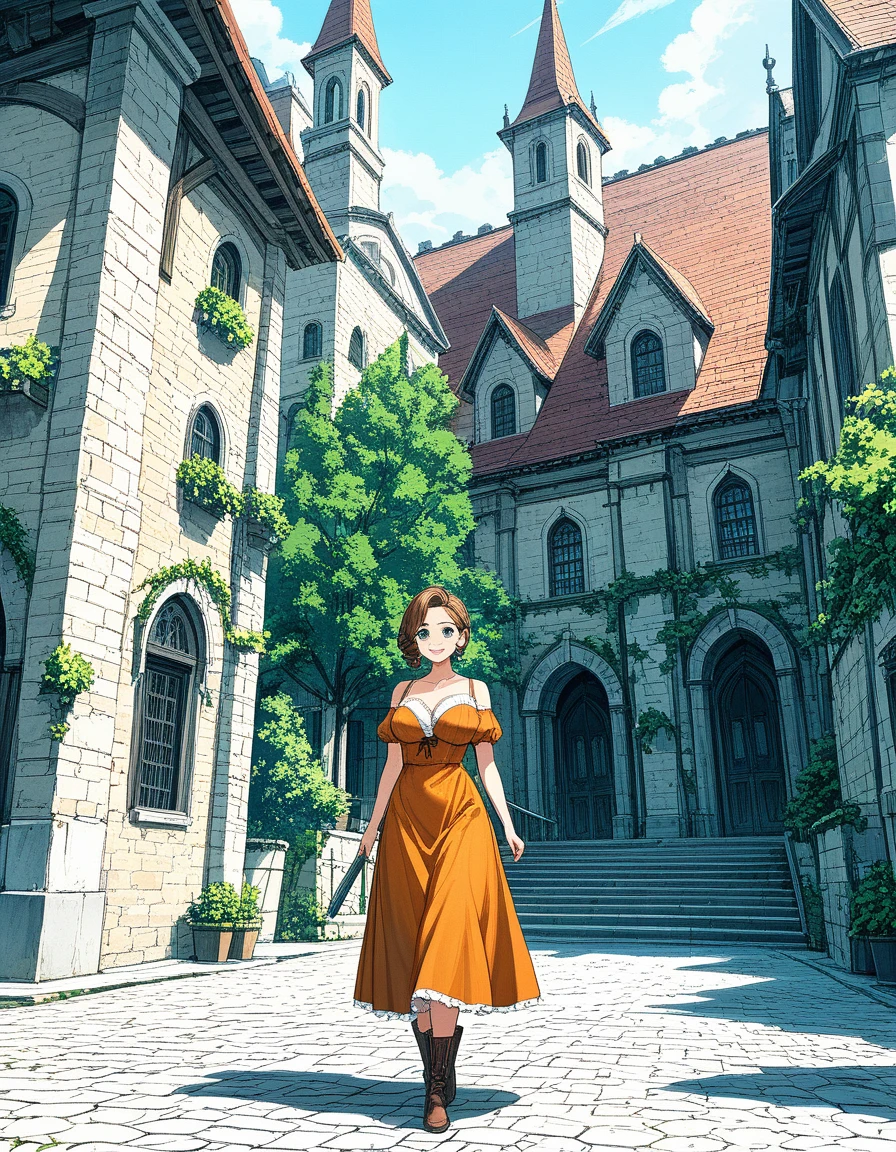 rustic, voluptuous, 40-year-old villager, short curly brown hair, thick eyebrows, green eyes, big breasts, big ass, pearl earrings, short-sleeved orange dress, leather boots, naughty smile, walking towards a simple house next to a chapel, ecchi fantasy anime, Fujisawa Toru style, cinematic, dramatic, masterpiece, POV, dynamic back view, full body,