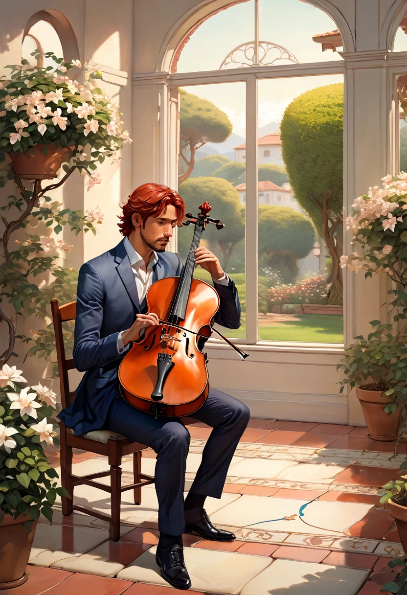 in anime art style, masterpiece, best quality, Photorealistic, ultra-high resolution, photographic light, illustration by MSchiffer, fairytale, Hyper detailed, Minimalist scene, a Latin man looks out the window at a minimalist garden of jasmine of various colors, in the garden there is a red-haired man playing a cello