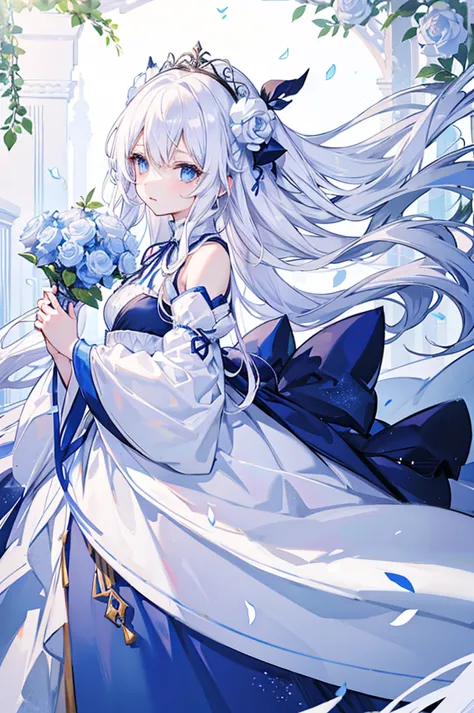 White-haired, blue-eyed girl、Long and wavy、hair ornaments、Fluffy white dress、race、ribbon、Roses on the background