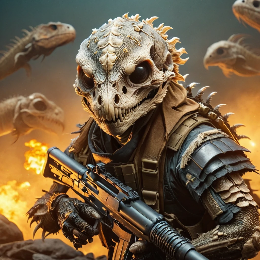 humanoid lizard,standing , skull head, uniforme da swat, sniper