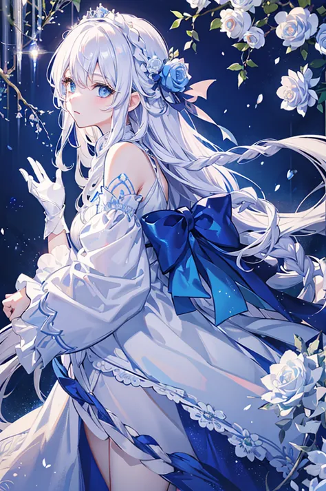 White hair and blue eyes、adult、Slightly droopy eyes、Long, fluffy wavy hair、Braiding、Wearing hair ornaments、Princess、White gloves...