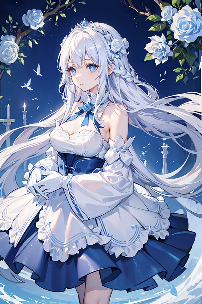 White hair and blue eyes、adult、Slightly droopy eyes、Long, fluffy wavy hair、Braiding、Wearing hair ornaments、Princess、White gloves、Blue roses and white roses、Wearing a lace dress、Being in the water、Fantasy