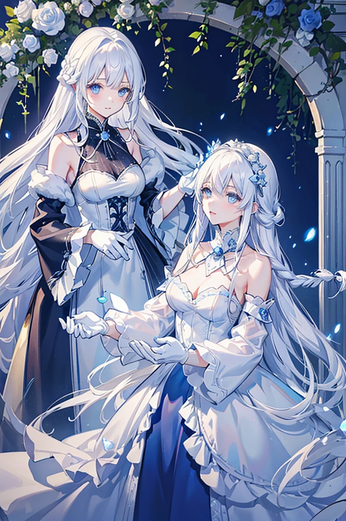 White hair and blue eyes、adult、Slightly droopy eyes、Long, fluffy wavy hair、Braiding、Wearing hair ornaments、Princess、White gloves、Blue roses and white roses、Wearing a lace dress、Being in the water、Fantasy