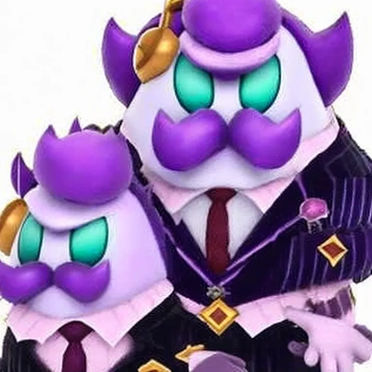 haltmann, a cartoon character, angry look, purple hair, purple mustache, dressed in a dark blue suit with vertical pink lining, ...