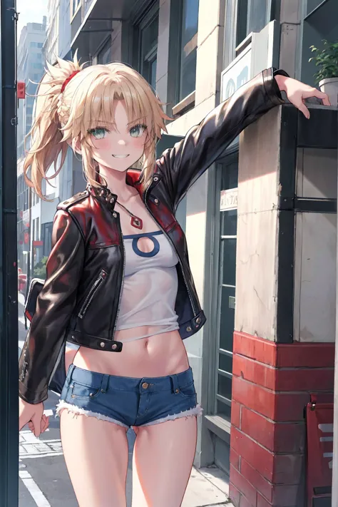 Masterpiece, Best Quality, illustration, city street, 1girl, Mordred \(fate\), cowboy shot, collarbone, Detailed blond hair pony...