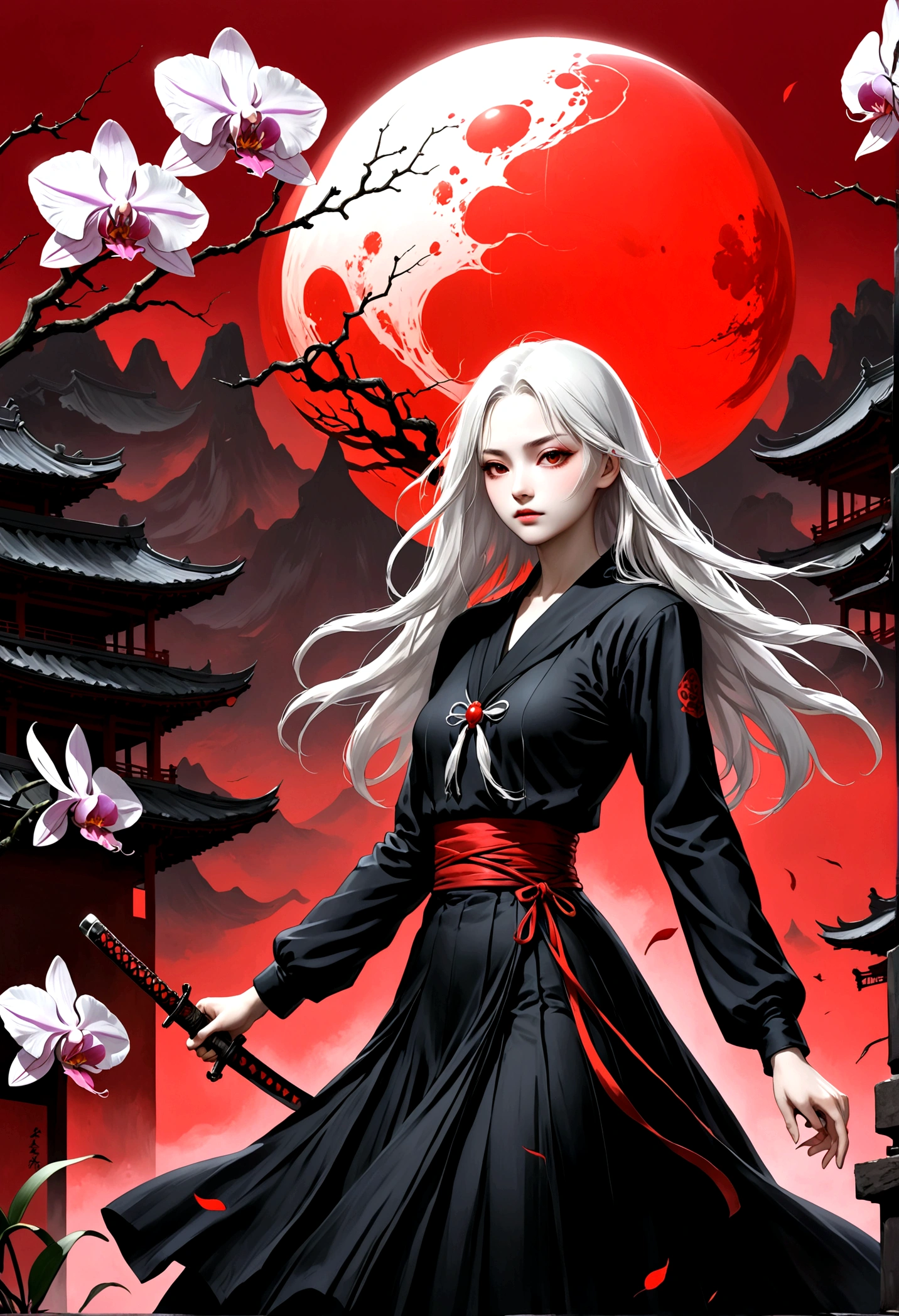 (style of santiago caruso:1.1),1 girl，Black sailor suit pleated skirt，Blurred foreground，orchid，Long white hair fluttering in the wind，Background blur，Red sphere background，permanent，Japanese sword，Holding a Japanese sword，（Eyes covered by orchid：1.37），A transparent bioluminescent bone snake wrapped around the body