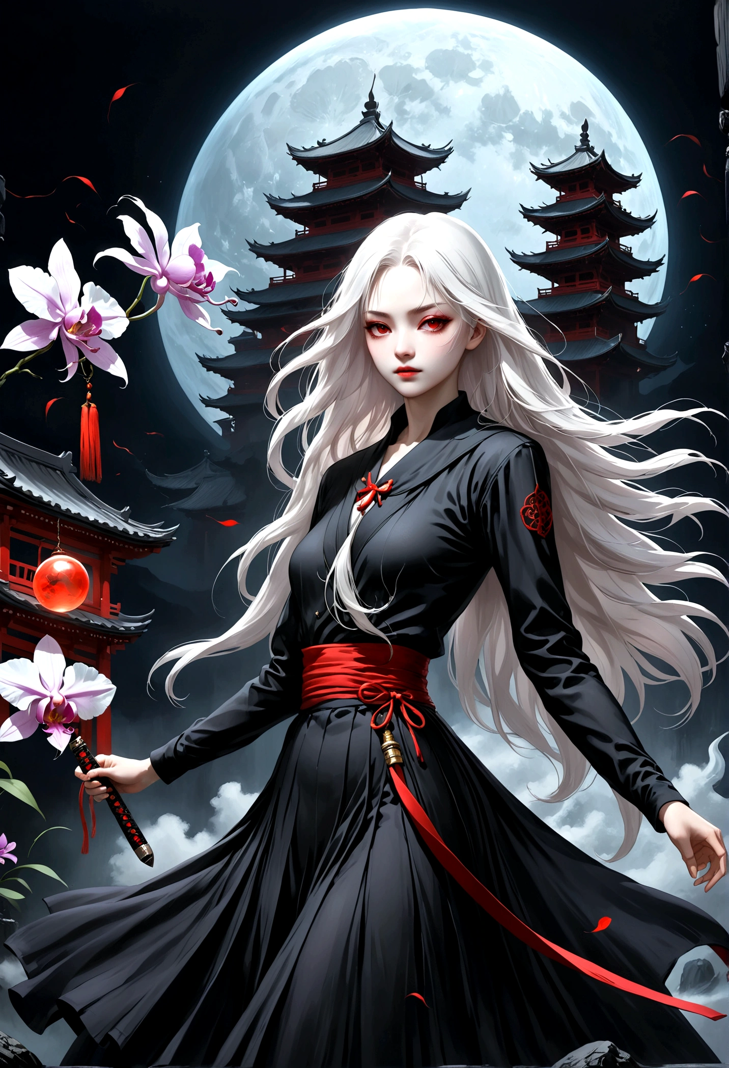 (style of santiago caruso:1.1),1 girl，Black sailor suit pleated skirt，Blurred foreground，orchid，Long white hair fluttering in the wind，Background blur，Red sphere background，permanent，Japanese sword，握着Japanese sword，（眼睛被orchid盖住：1.37），A transparent bioluminescent bone snake wrapped around the body