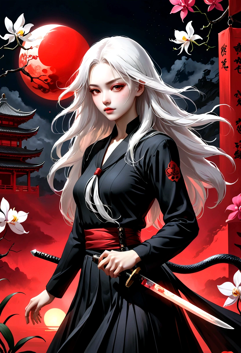 (style of santiago caruso:1.1),1 girl，Black sailor suit pleated skirt，Blurred foreground，orchid，Long white hair fluttering in the wind，Background blur，Red sphere background，permanent，Japanese sword，Holding a Japanese sword，（Eyes covered by orchid：1.37），A transparent bioluminescent bone snake wrapped around the body