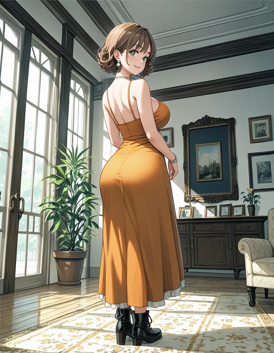 rustic, voluptuous, 40-year-old villager, short curly brown hair, thick eyebrows, green eyes, big breasts, big ass, pearl earrings, short-sleeved orange dress, leather boots, naughty smile, standing the living room of a simple house, ecchi fantasy anime, Fujisawa Toru style, cinematic, dramatic, masterpiece, POV, dynamic back view, full body,