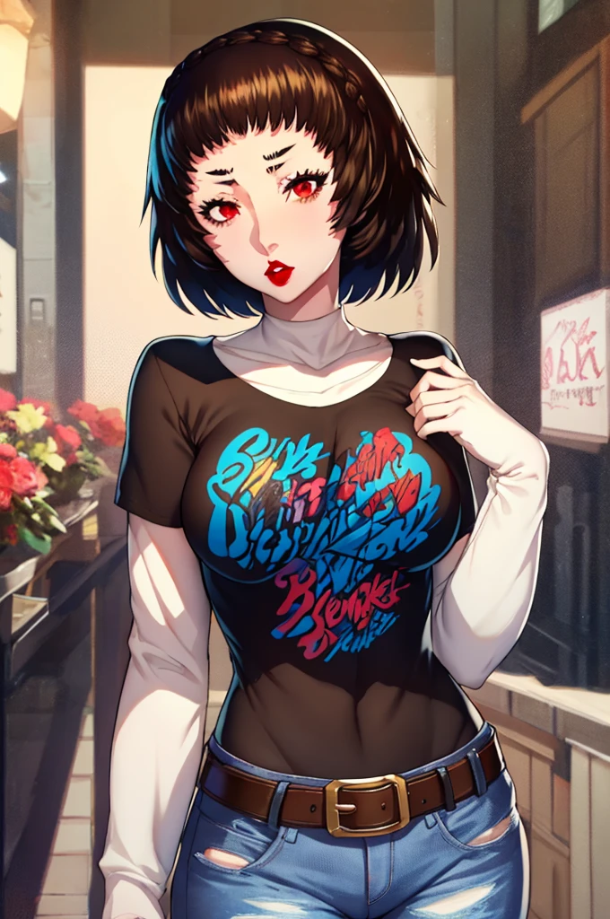 Makoto niijima, brown hair, crown braid, red eyes, 1girl, solo, standing, black t-shirt, white shirt, blue jeans, belt, lipstick, large breasts