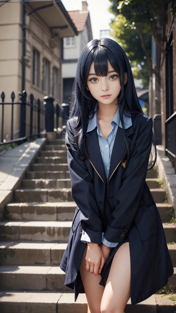 (girl standing on school steps),1 girl, Dark blue hair, bangs, Long hair, Bright Eyes, Long eyelashes, compensate, A faint smile, Written border depth, one person&#39;point oF view, closure, From below, Wide Angle, F/1.8, 135 mm, Canon, nffsw, retina, On the table, precise, Anatomically correct, Rough skin, Very detailed, Advanced Details, high quality, 最high quality, high resolution, 1080P, 4K, 8k,(Schoolgirl climbing the stairs at school),46ポイントの斜めbangs,、((uniform: White suit jacket with badge on chest))、Translucent White Shirt、(Red bow tie)、（( Bright colors,Check stripes)（）、laughter,((Skirt fluttering in the wind)),((White lace is exposed))、