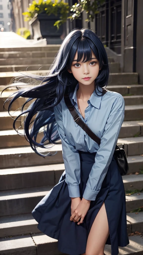 (girl standing on school steps),1 girl, Dark blue hair, bangs, Long hair, Bright Eyes, Long eyelashes, compensate, A faint smile, Written border depth, one person&#39;point oF view, closure, From below, Wide Angle, F/1.8, 135 mm, Canon, nffsw, retina, On the table, precise, Anatomically correct, Rough skin, Very detailed, Advanced Details, high quality, 最high quality, high resolution, 1080P, 4K, 8k,(Schoolgirl climbing the stairs at school),46ポイントの斜めbangs,、((uniform: White suit jacket with badge on chest))、Translucent White Shirt、(Red bow tie)、（( Bright colors,Check stripes)（）、laughter,((Skirt fluttering in the wind)),((White lace is exposed))、