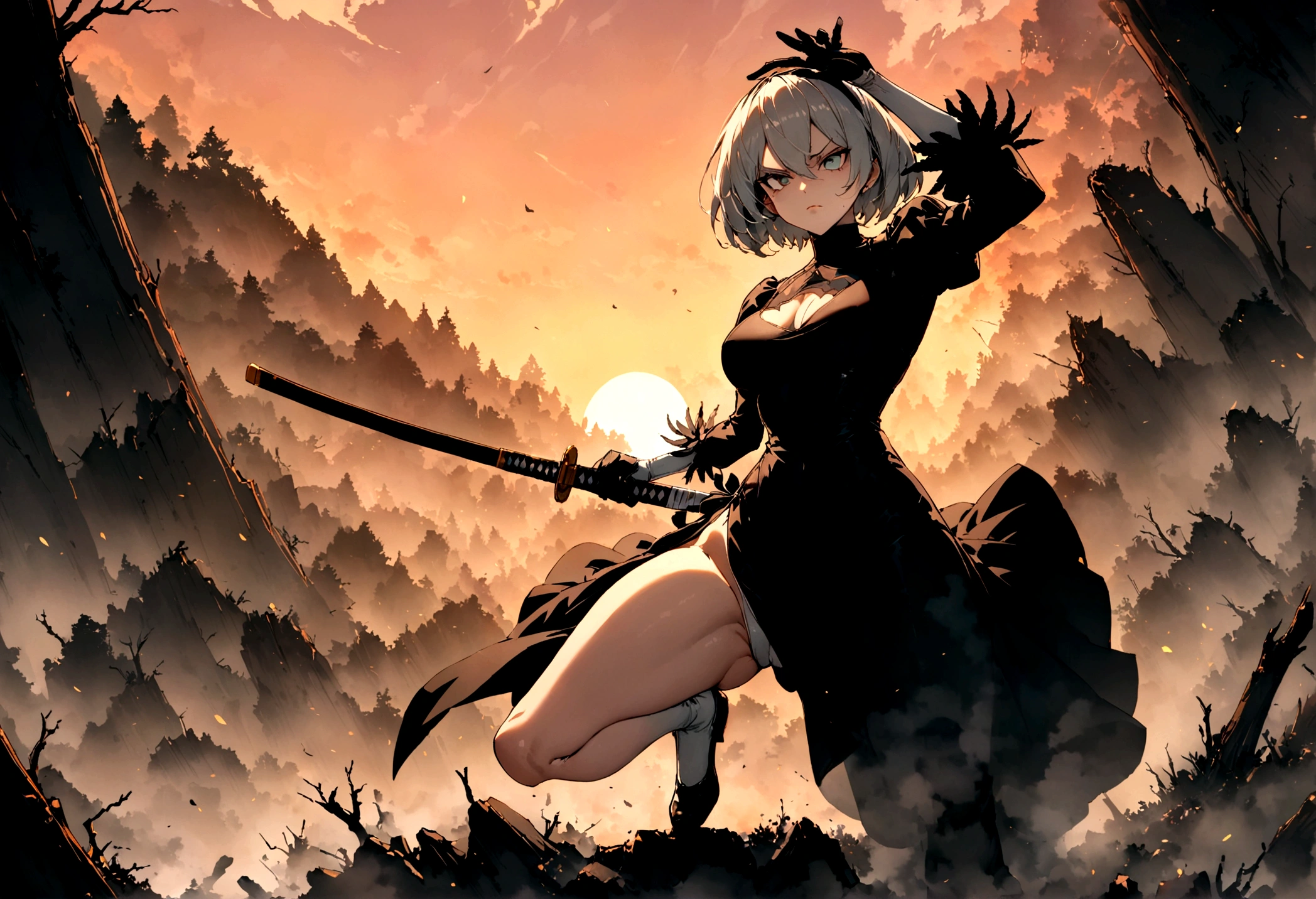 2b,(work of art), ultra detaild, fully body, soft hair, black gown, neckleace, Action, battle pose, standing with legs open, katana, wall-paper, destroyed forest background, SUNSET, smoke in the sky, sparks, serious facial expression, ideal female body, adult, using 2b sales, opaque color palette