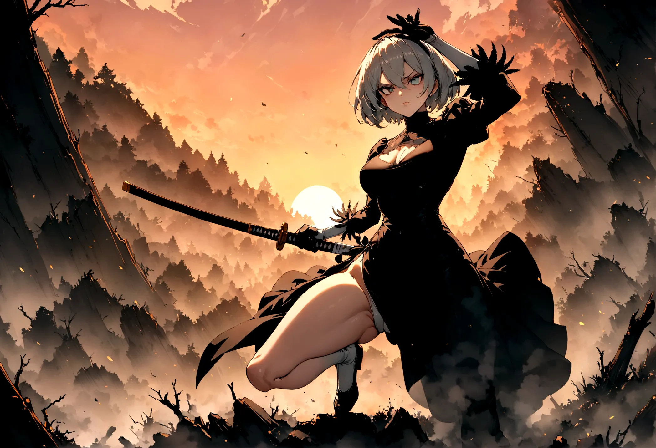 2b,(work of art), ultra detaild, fully body, soft hair, black gown, neckleace, action, battle pose, standing with legs open, kat...