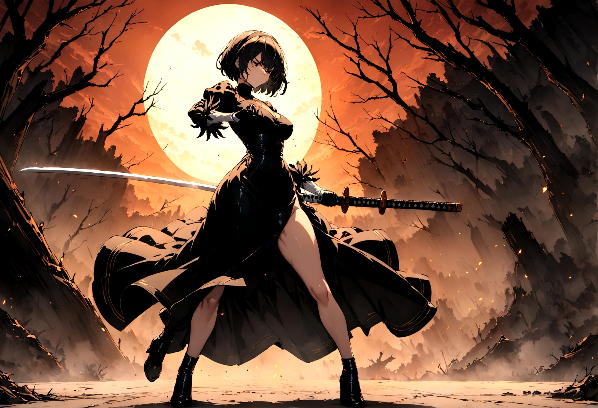 2b,(work of art), ultra detaild, fully body, soft hair, black gown, neckleace, Action, battle pose, standing with legs open, katana, wall-paper, destroyed forest background, SUNSET, smoke in the sky, sparks, serious facial expression, ideal female body, adult, using 2b sales, opaque color palette