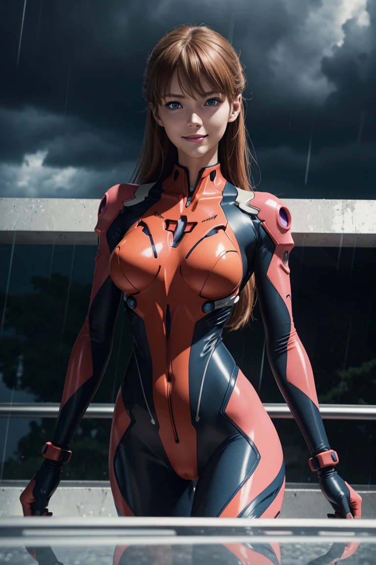 evangelion,asuka lanley,blue eyes,traje enchufable,Bodies,auriculares de interfaz,赤いBodies,ultra alta definición,calidad súper alta,obra maestra,Cámaras réflex digitales,Fotorrealista,Detalles detallados,detalles vívidos,representado en detalle,Una cara detallada,Detalles detallados,Súper detalle,textura de piel realista,Base anatómica,anatomía perfecta,mano anatómicamente correcta,Dedos anatómicamente correctos,Representación 3D compleja,pose sexy,cielo lluvioso,hermoso paisaje,Fantástico cielo lluvioso,pintoresco,Labios rosados,sonrisa,