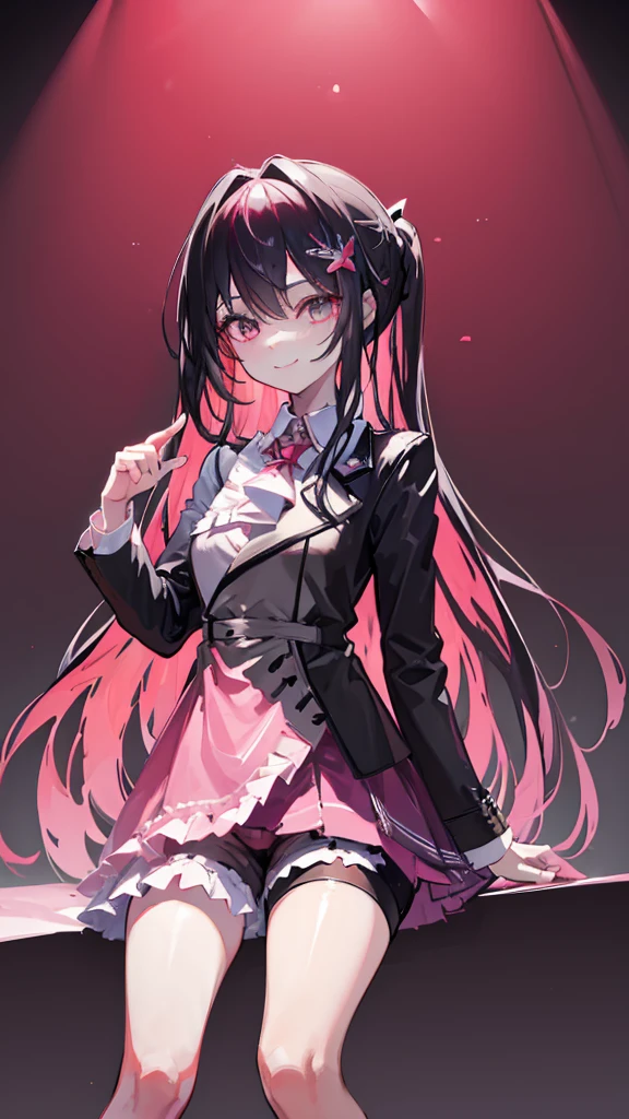 Yandere-style look、Character portrait、Model pose、Cute pose、((Highest quality)), ((masterpiece)), ((Ultra-detailed)), (Very delicate and beautiful), ((Black jacket)),Wicked Smile,、Pink inner color,Shorts、Knee-high socks、long hair、