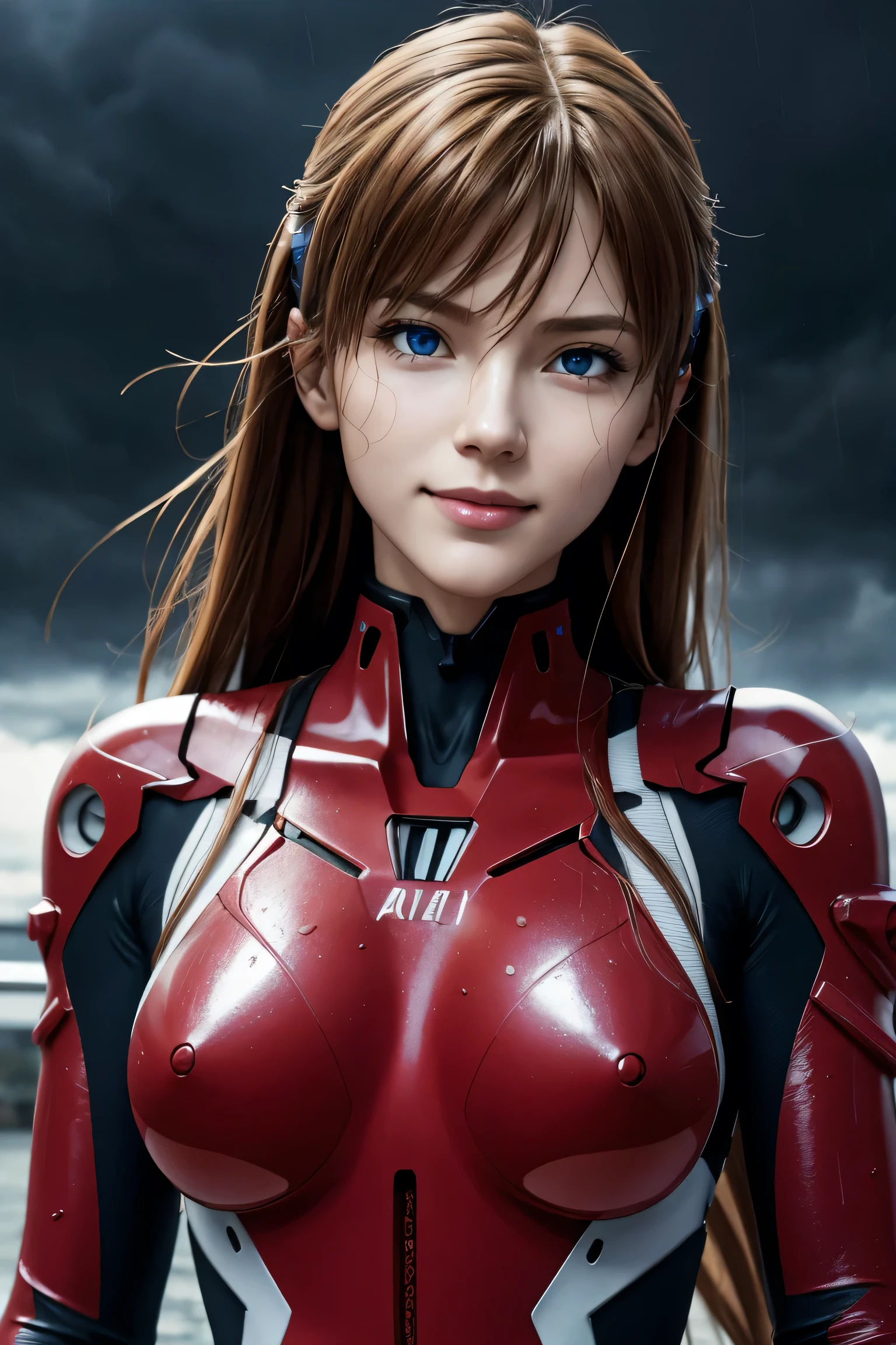 Evangelion,Asuka Langley,blue eyes,Plug Suit,Bodysuits,Interface Headset,赤いBodysuits,Ultra HD,super high quality,masterpiece,Digital SLR,Photorealistic,Detailed details,Vivid details,Depicted in detail,A detailed face,Detailed details,Super Detail,Realistic skin texture,Anatomical basis,Perfect Anatomy,Anatomically correct hand,Anatomically correct fingers,Complex 3D rendering,Sexy pose,Rainy Sky,Beautiful scenery,Fantastic rainy sky,Picturesque,Pink Lips,smile,