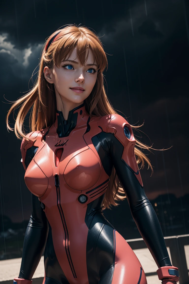 Evangelion,Asuka Langley,blue eyes,Plug Suit,Bodysuits,Interface Headset,赤いBodysuits,Ultra HD,super high quality,masterpiece,Digital SLR,Photorealistic,Detailed details,Vivid details,Depicted in detail,A detailed face,Detailed details,Super Detail,Realistic skin texture,Anatomical basis,Perfect Anatomy,Anatomically correct hand,Anatomically correct fingers,Complex 3D rendering,Sexy pose,Rainy Sky,Beautiful scenery,Fantastic rainy sky,Picturesque,Pink Lips,smile,