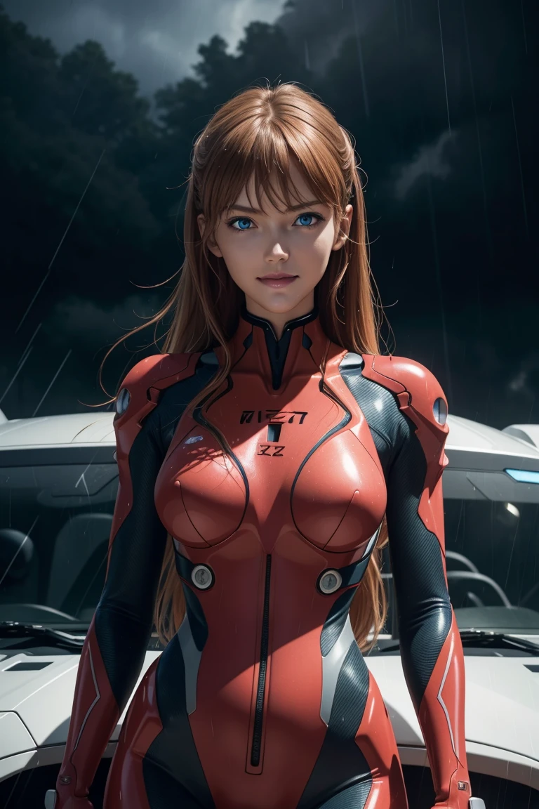 Evangelion,Asuka Langley,blue eyes,Plug Suit,Bodysuits,Interface Headset,赤いBodysuits,Ultra HD,super high quality,masterpiece,Digital SLR,Photorealistic,Detailed details,Vivid details,Depicted in detail,A detailed face,Detailed details,Super Detail,Realistic skin texture,Anatomical basis,Perfect Anatomy,Anatomically correct hand,Anatomically correct fingers,Complex 3D rendering,Sexy pose,Rainy Sky,Beautiful scenery,Fantastic rainy sky,Picturesque,Pink Lips,smile,