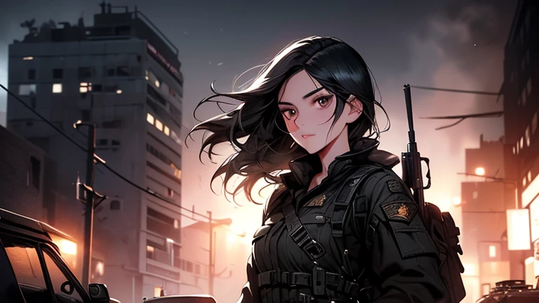 a 2 woman with straight black hair, beautiful detailed eyes, beautiful detailed lips, extremely detailed face, long eyelashes, wearing a black military uniform, standing in a war setting, dark skies, explosions, smoke, ruins, debris, destroyed city, cinematic lighting, dramatic shadows, muted color palette