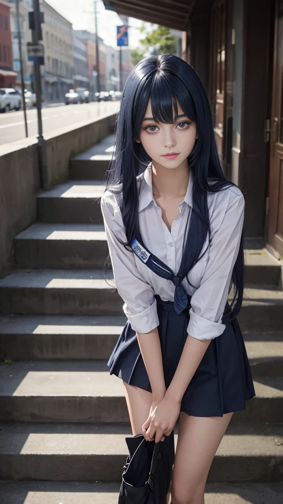 (girl standing on school steps),1 girl, Dark blue hair, bangs, Long hair, Bright Eyes, Long eyelashes, compensate, A faint smile, Written border depth, one person&#39;point oF view, closure, From below, Wide Angle, F/1.8, 135 mm, Canon, nffsw, retina, On the table, precise, Anatomically correct, Rough skin, Very detailed, Advanced Details, high quality, 最high quality, high resolution, 1080P, 4K, 8k,(Schoolgirl climbing the stairs at school),46ポイントの斜めbangs,、((uniform: White suit jacket with badge on chest))、Translucent White Shirt、(Red bow tie)、（( Bright colors,Check stripes)（）、laughter,((Skirt fluttering in the wind)),((White lace is exposed))、