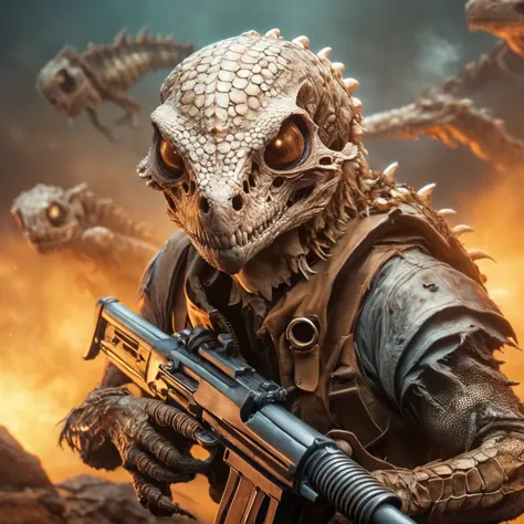 humanoid lizard,standing , skull head, uniforme da swat, sniper