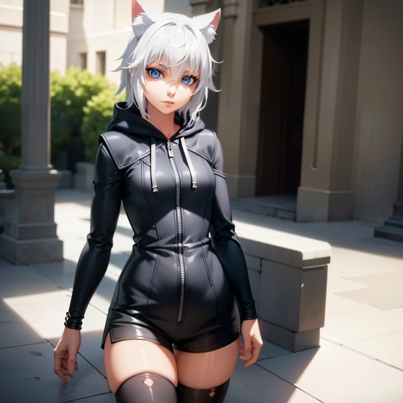 1 girl, character with cat ears, silver hair, short hair, beautiful detailed eyes, beautiful detailed lips, extremely detailed eyes and face, long eyelashes, wearing black hooded outfit, thigh-high stockings, garters, short shorts, (best quality,4k,8k,highres,masterpiece:1.2),ultra-detailed,(realistic,photorealistic,photo-realistic:1.37),concept art, fantasy, cinematic lighting, dramatic shadows You decided to wear a hoodie and covered your body, hiding yourself Rey 