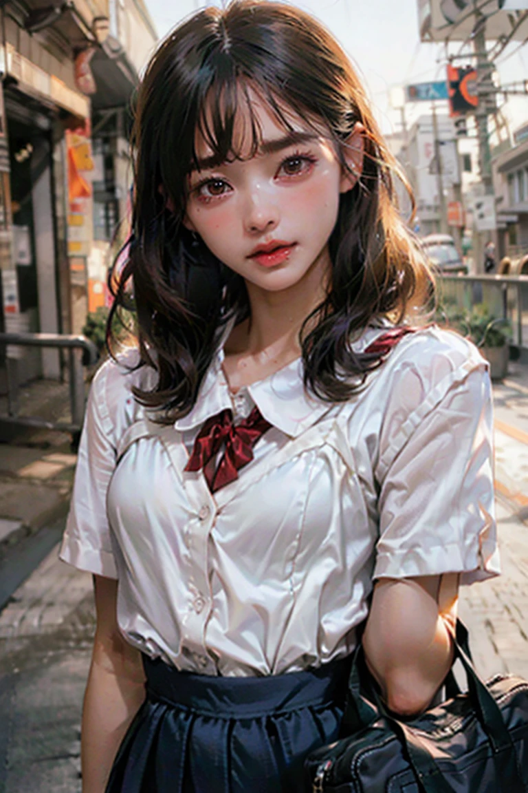 (Amazing photos of beautiful Japan women),
((Very detailed, Highest quality)),(Realistic:1.2),8K,((An absurd solution)),Perfect Anatomy,(low
(One girl),(18-year-old),break,
whole body,View your viewers,
((Beautiful attention to detail)),(Gezi Gezi eyebrows),low eyebrows,Straight eyebrows,(Brown eyes),
(cry:0.9),(Embarrassing),((blush)),(Very detailed肌),
(Part your lips:1.1),(Thick lips:1.3),(Glossy Lips),(lipstick:1.2),(Black medium hair),Wide forehead,
break, (school uniform:1.4),(ribbon), (school bag),((bulge in clothes)),(Check skirt),
(Small breasts:1.5), (Medium bodied:1.3),(Cute pose),
(street),(outside),(In front of school)