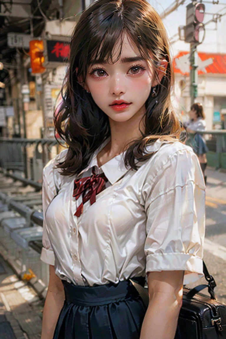 (Amazing photos of beautiful Japan women),
((Very detailed, Highest quality)),(Realistic:1.2),8K,((An absurd solution)),Perfect Anatomy,(low
(One girl),(18-year-old),break,
whole body,View your viewers,
((Beautiful attention to detail)),(Gezi Gezi eyebrows),low eyebrows,Straight eyebrows,(Brown eyes),
(cry:0.9),(Embarrassing),((blush)),(Very detailed肌),
(Part your lips:1.1),(Thick lips:1.3),(Glossy Lips),(lipstick:1.2),(Black medium hair),Wide forehead,
break, (school uniform:1.4),(ribbon), (school bag),((bulge in clothes)),(Check skirt),
(Small breasts:1.5), (Medium bodied:1.3),(Cute pose),
(street),(outside),(In front of school)