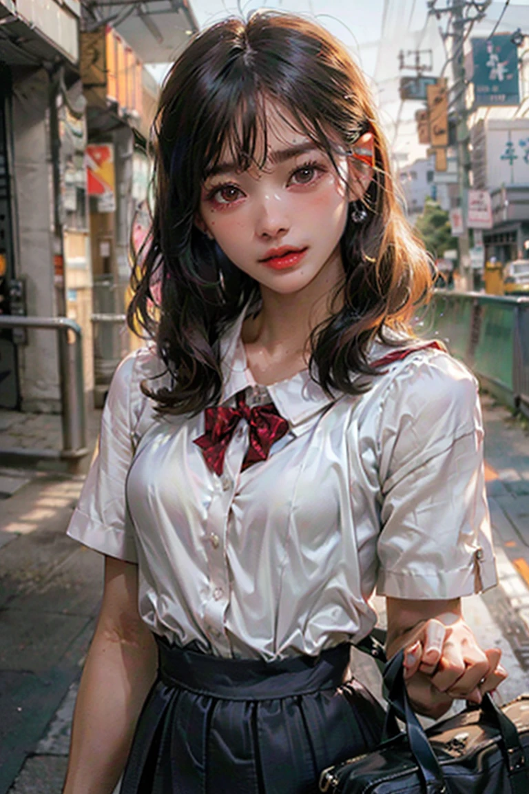 (Amazing photos of beautiful Japan women),
((Very detailed, Highest quality)),(Realistic:1.2),8K,((An absurd solution)),Perfect Anatomy,(low
(One girl),(18-year-old),break,
whole body,View your viewers,
((Beautiful attention to detail)),(Gezi Gezi eyebrows),low eyebrows,Straight eyebrows,(Brown eyes),
(cry:0.9),(Embarrassing),((blush)),(Very detailed肌),
(Part your lips:1.1),(Thick lips:1.3),(Glossy Lips),(lipstick:1.2),(Black medium hair),Wide forehead,
break, (school uniform:1.4),(ribbon), (school bag),((bulge in clothes)),(Check skirt),
(Small breasts:1.5), (Medium bodied:1.3),(Cute pose),
(street),(outside),(In front of school)