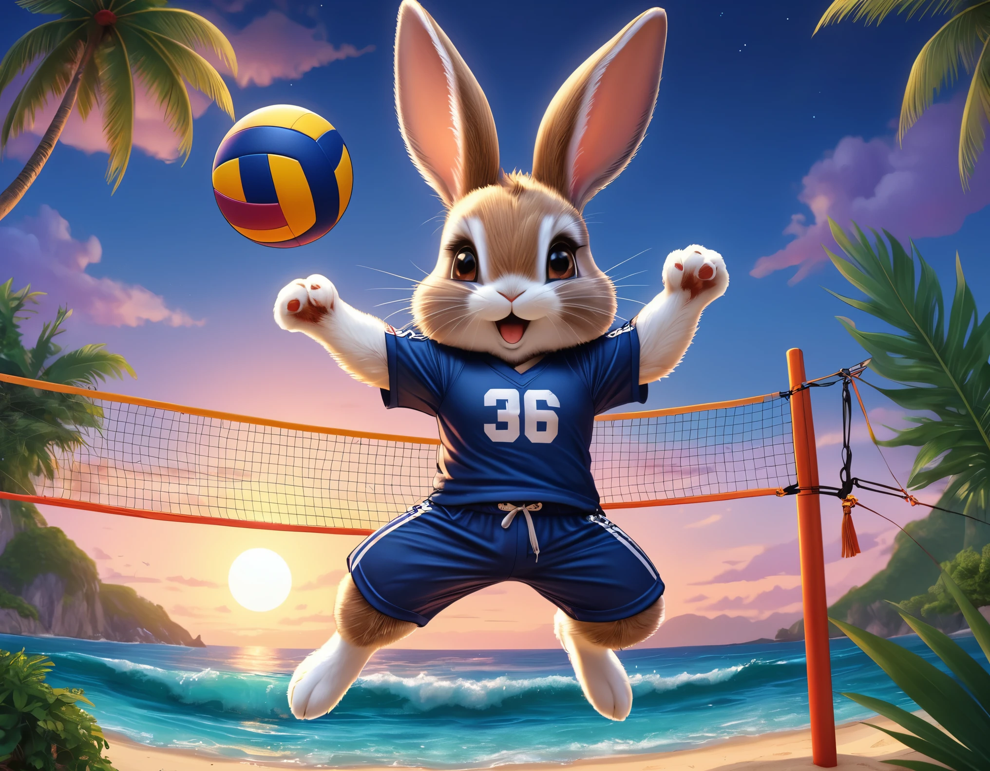 (Close-up of cute fox catches volleyball ball above volleyball net:1.2), (sport T-shirt and trousers:1.2), tropical beach with ((palms and gentle waves)), (beautiful twilight sea:1.2), setting sun, intricate design, bright colors, masterpiece in maximum 16K resolution, best quality, ultra detailed, aesthetics, absurdes.
